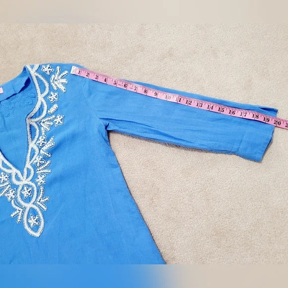 Lilly Pulitzer Linen Tunic Top Blue White Embroidered V-Neck Long Sleeve Size S - Picture 9 of 15